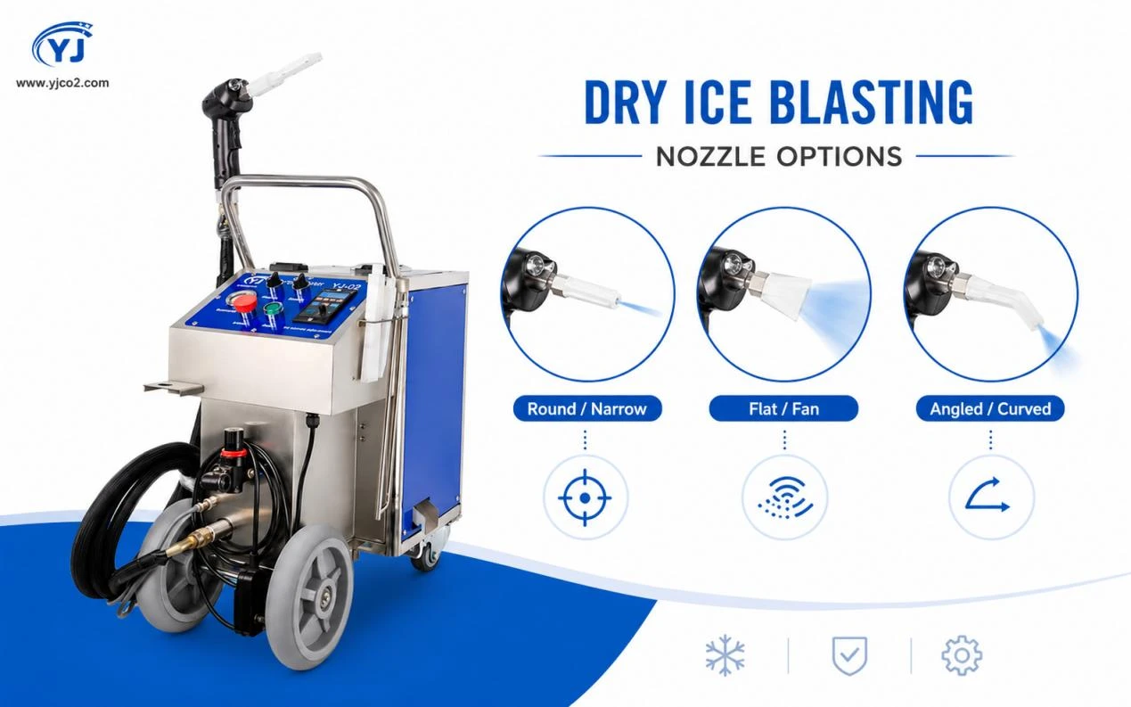 Dry ice blasting nozzle options showing round, flat fan, and angled nozzles for different cleaning needs Dry ice blasting nozzle options showing round, flat fan, and angled nozzles for different cleaning needs